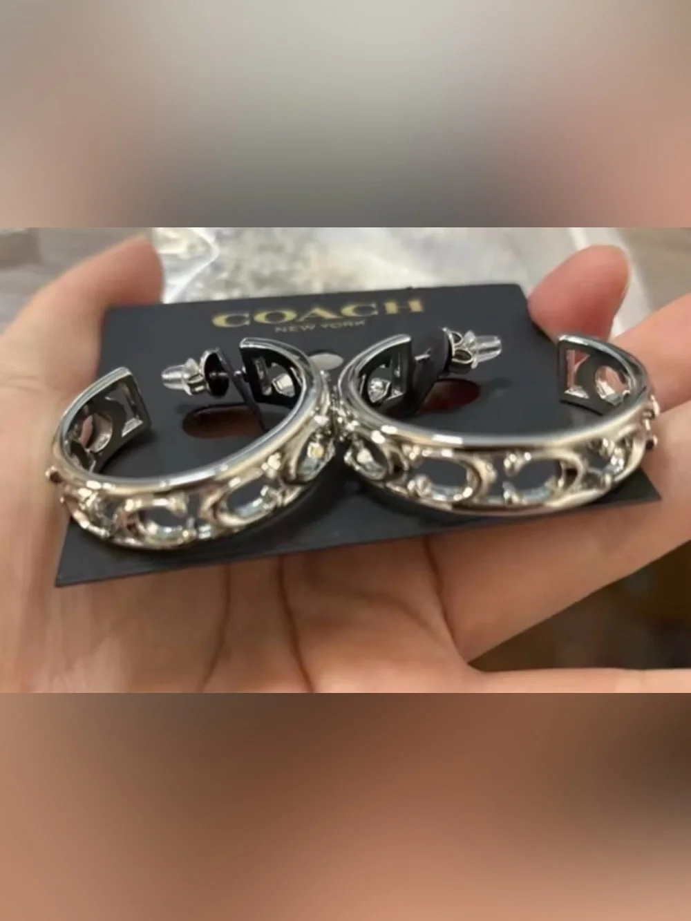 Coach Silver-Tone Signature Cutout Hoop Earrings - Picture 4 of 8